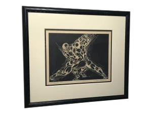 1986 “Combatants” Abstract Figurative Lithograph by Paul Russell, Framed