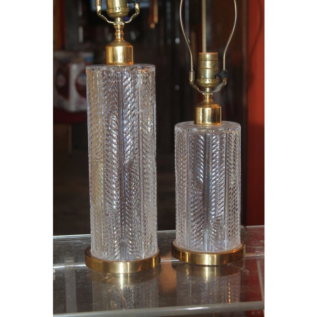 Mid Century Modern Waterford Crystal Herringbone Pattern Table Lamps