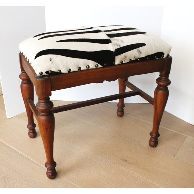 Petite Hand Turned Bench/ Genuine Hide Zebra Upholstery For Sale - Image 4 of 6
