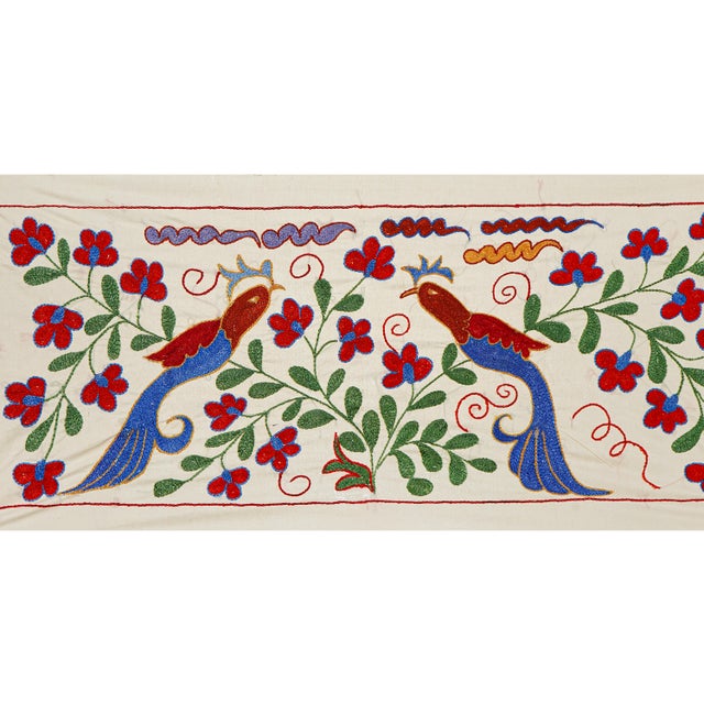Mid-Century Modern Floral Suzani Embroidery - Bird Table Runner and Wall Art 1'4'' X 3'1'' For Sale - Image 3 of 10