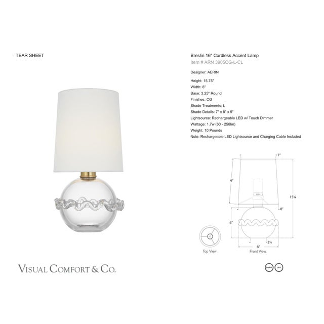 AERIN by Visual Comfort Signature Breslin 16" Cordless Accent Lamp in Clear Glass with Linen Shade Designer: AERIN Height:...