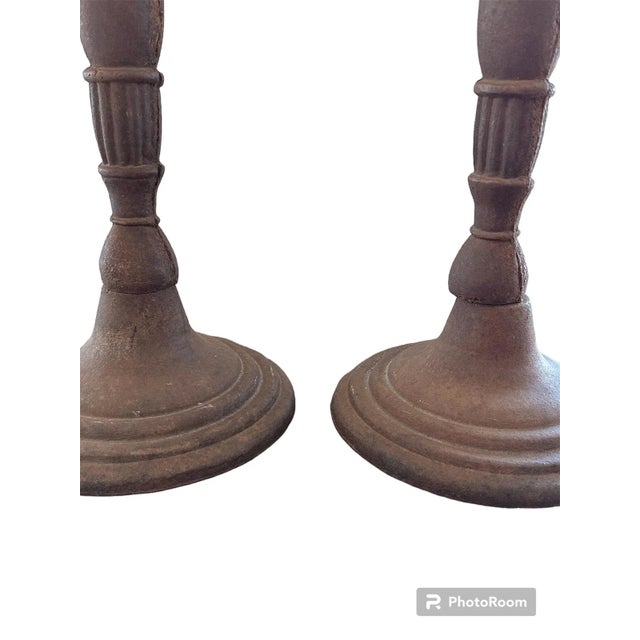 Mid-Century Modern Pair of Antique Cast Iron Candle Stands With Rusted Patina For Sale - Image 3 of 5