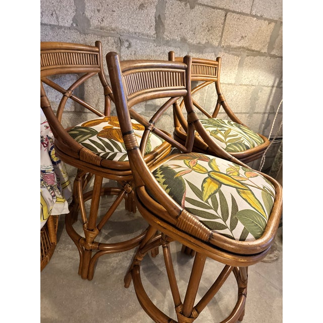 Wood 1960s Rare Trio of X-Back Bamboo Swivel Counter Stools (3) - Refurbished and Reupholstered For Sale - Image 7 of 12