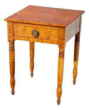 Antique 19th Century Sheraton New England Tiger Maple Work Table / Nightstand