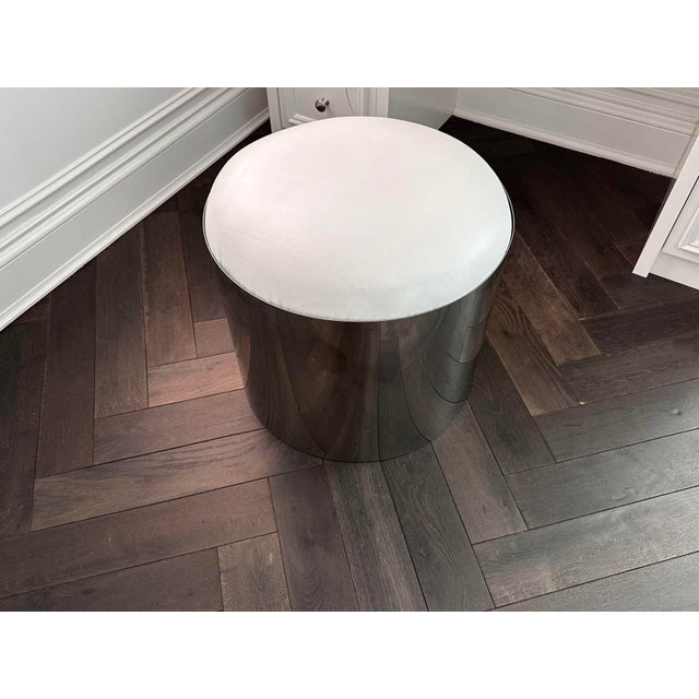 Brueton Stainless Steel Stool With White Leather Cushion, 1970 For Sale - Image 4 of 5