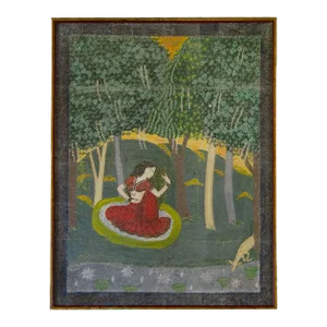 1920s-1930s Antique Original Large Indian Painting Hand-Painted Utka Nayika Waiting for Her Lover