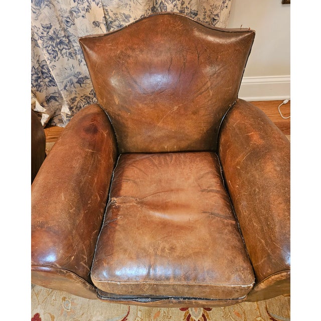 Brown Pair of 1930's French Art Deco, Cognac Leather Chairs With Nail Head Decoration For Sale - Image 8 of 18