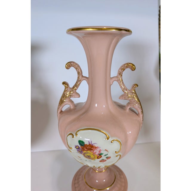 Vintage Pair of Porcelain Mantel Vases, Pink Porcelain, Mid-Century St Regis, Floral Gold Gilt, Excellent 12" For Sale In Nashville - Image 6 of 12
