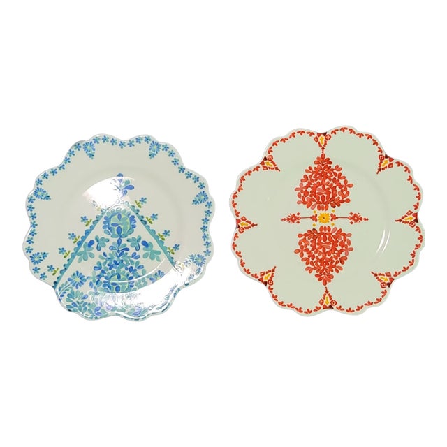 Anthropologie Pair of Plates Scalloped Edge Boho Chic Pattern in Coral & Blue For Sale