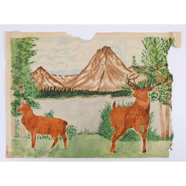 1940's watercolor on paper outsider folk art landscape painting with elk by Clarence Floyd Shade (1902-1976) Polson,...