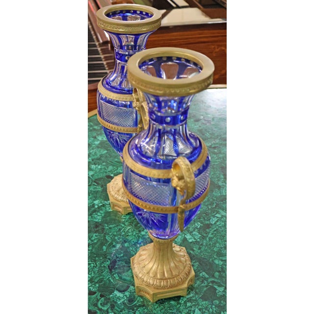 Pair of Late 19th Century Neoclassical Russian Bronze & Cut Cobalt Glass Vases For Sale - Image 12 of 17