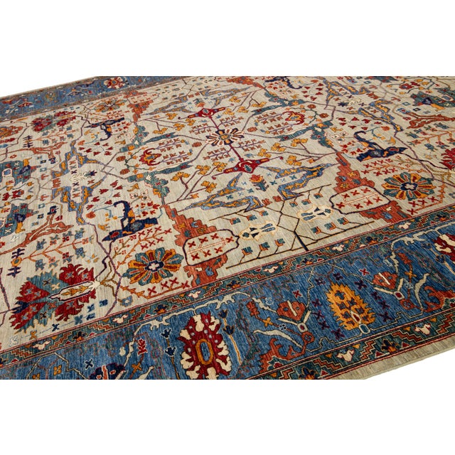 Textile Modern Designed Serapi-Style Wool Rug in Beige and Blue For Sale - Image 7 of 9