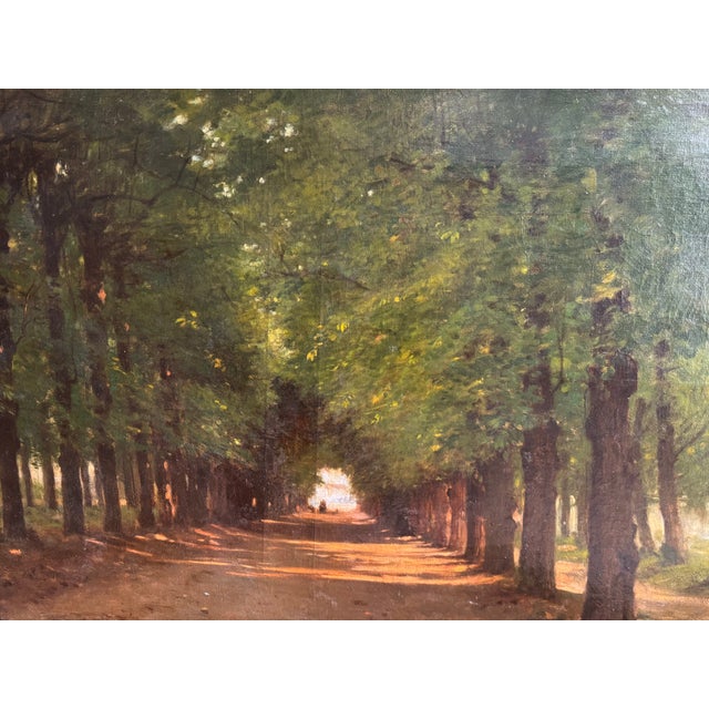Large oil on canvas depicting a bridle path, 19th century. This composition represents a long, tree-lined avenue forming a...