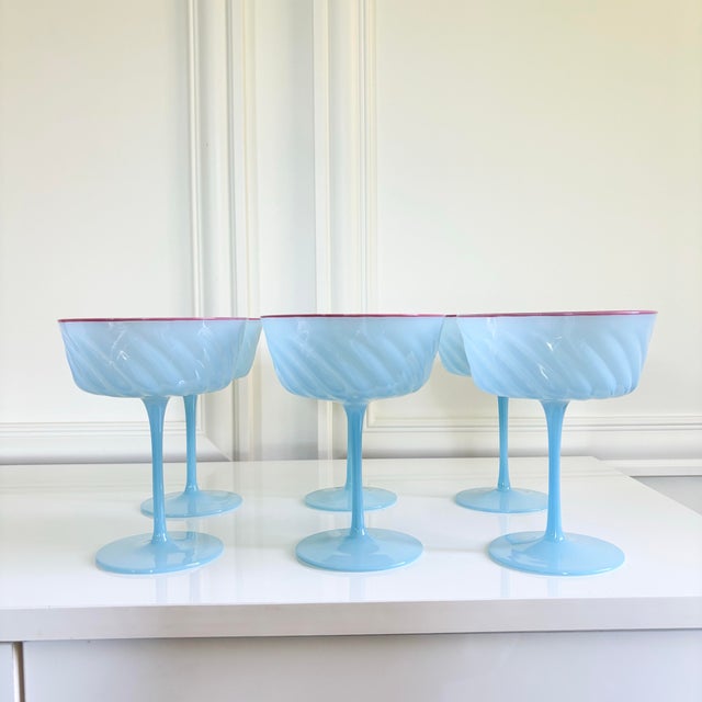 Baby Blue Ripple Optic Swirl Coupe Champagne Coctail Glasses (Set of 6) For Sale - Image 4 of 8