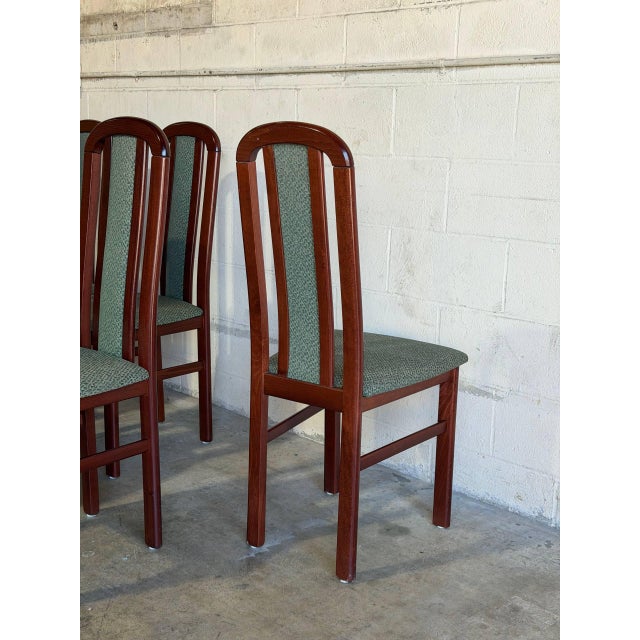 High Back Wooden Dining Chairs Set of 8 With Green Upholstery Vintage Mid-Century Modern For Sale - Image 4 of 9