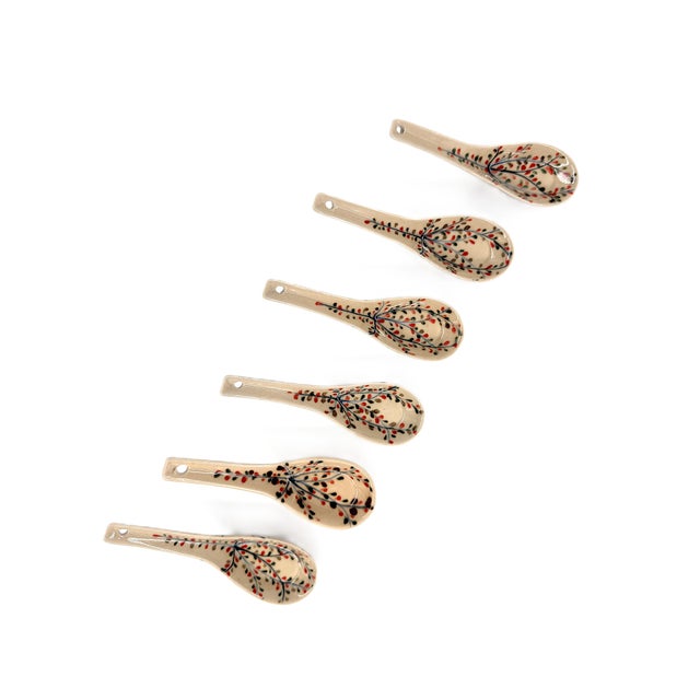 Asian Modern Bat Trang Vietnam Ceramic Soup Spoons Hand Painted With Floral Petal Motif - Set of 6 For Sale In New York - Image 6 of 6