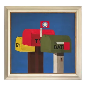 Colorful Mid-Century "Mailboxes" Oil Painting With a Bee on Board