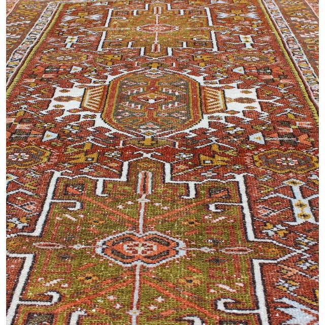 Persian Olive Green, Yellow Green, Rust Red Antique Persian Karadjeh Rug Geometric Design For Sale - Image 3 of 8