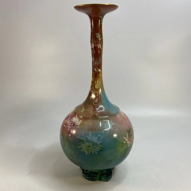 1900 - 1909 Vintage Lenox Art Deco Vase Iridescent Hand Painted Porcelain 16 in Wreath Mark For Sale - Image 5 of 16