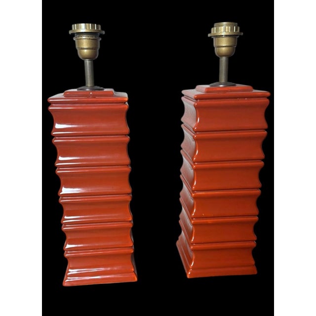 Mid-Century Modern Pair of 1970s Artisan Italian Red Glazed Ceramic Lamps For Sale - Image 3 of 12