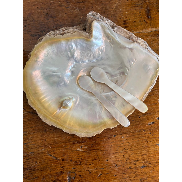 This vintage gold-lipped mother-of-pearl caviar service set features a large, natural oyster shell bowl with a brilliant...