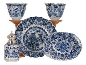 Dutch Blue and White Delftware Plates, Tea Caddy & Wanli Crow Cups, 1950s, Set of 5