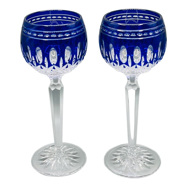 Vintage Crystal Clarendon Hock Wine Glasses from Waterford, Blue Cut in Clear, 1980s, Set of 2 For Sale