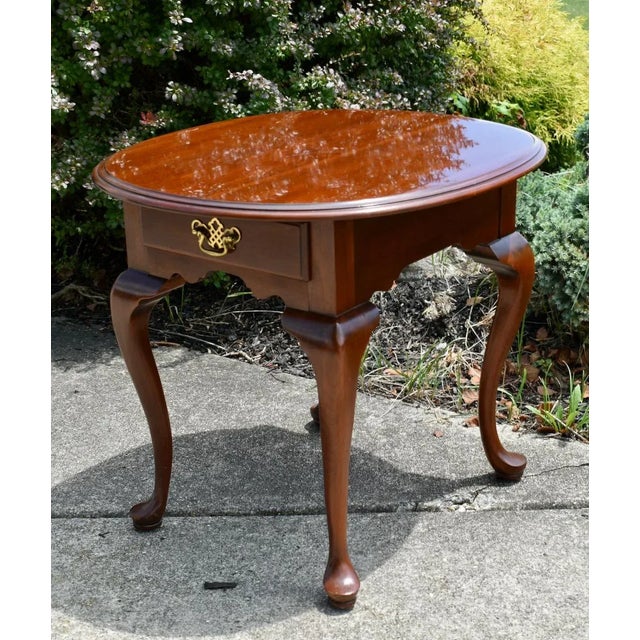 1980s Knob Creek Cherry Oval End Table Vintage Queen Anne Side Drawer 1980s Accent For Sale - Image 5 of 14