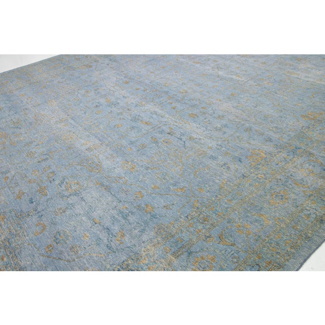 Handmade Contemporary Oushak Style Wool Rug With Blue and Gold Field For Sale - Image 4 of 7