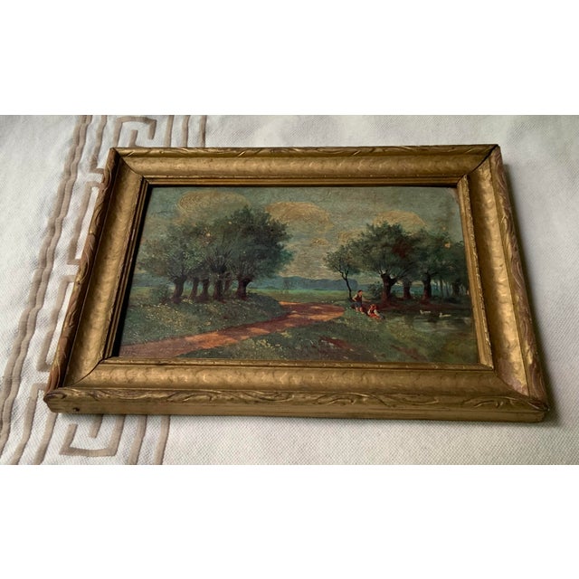Post Impressionist Early 20th Century Post-Impressionist Landscape Oil on Board — Figures on Country Path, Paris Flea Market Find, Gilt Frame For Sale - Image 3 of 4