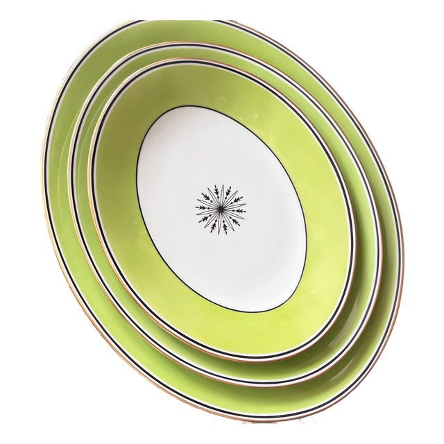 1980s Set of 3 Ceralene “Directiore” green Limoges oval serving platters // A Raynaud et Cie // Made in France // French Empire style For Sale