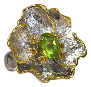 Artisan Peridot Citrine Flower Adjustable Ring Sterling Silver, Size 7.25