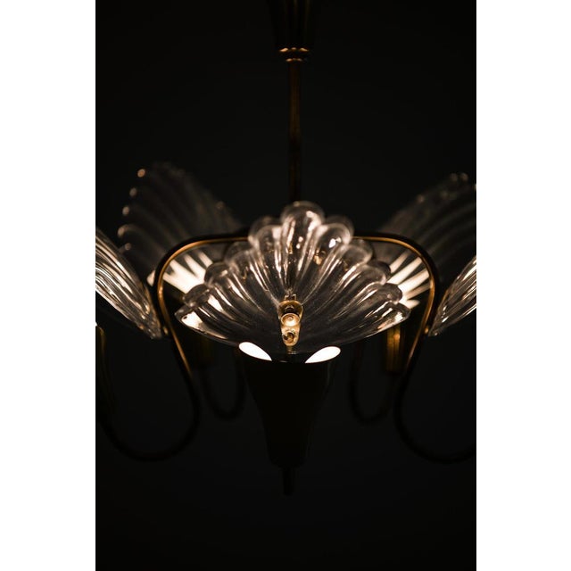 Ceiling Lamp with Five Gracefully Curved Brass Arms attributed to Carl Fagerlund, 1950s For Sale - Image 6 of 12