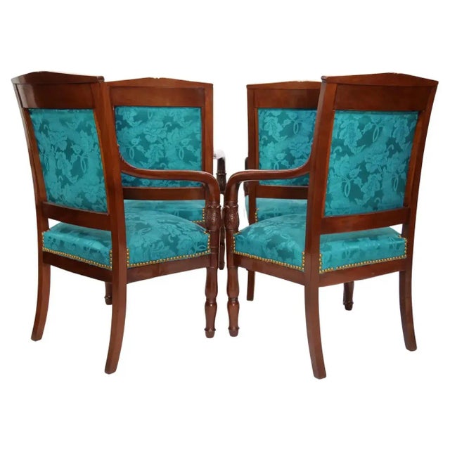 19th century Edwardian style mahogany wood framed upholstered armchair set of four pieces. Each chair is in great antique...