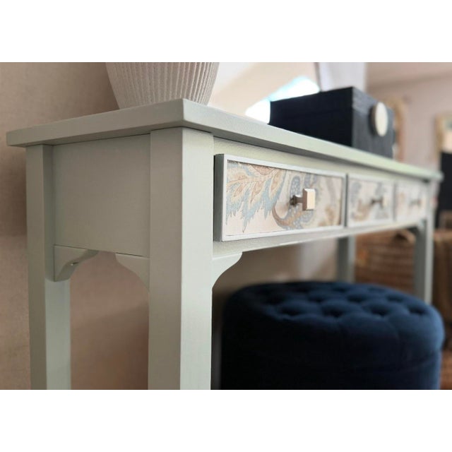 One-of-a-Kind Hand Painted Console Table | Entryway Table | Blue Console | Fabric Drawer Fronts | Cottage Luxe | French Country For Sale In New York - Image 6 of 9
