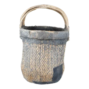 Late 19th Century Antique Chinese Hand Woven Willow Rice Gathering Basket Bentwood Handle Bucket