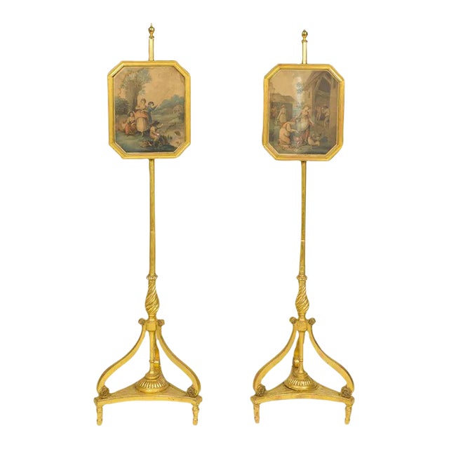 Pair of Regency Giltwood Pole Screens With Hand-Tinted Engravings For Sale
