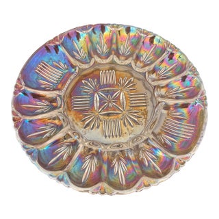 Mid 20th Century Iridescent Carnival Glass Deviled Egg Serving Tray With Floral Motif For Sale