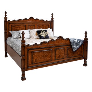 Handcrafted Italian Solid Walnut Panel King Bed For Sale