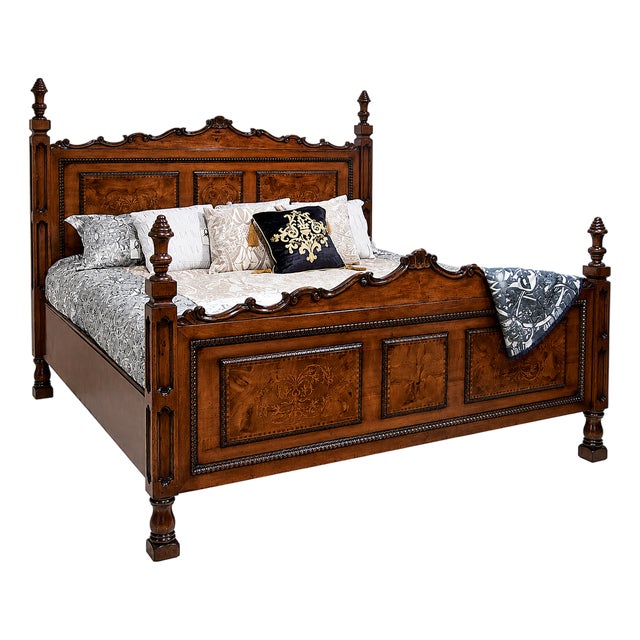 Handcrafted Italian Solid Walnut Panel King Bed For Sale