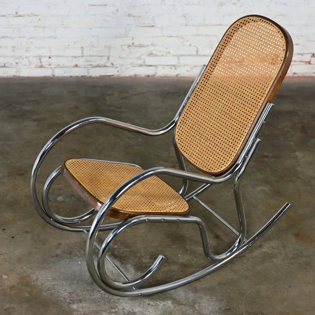 Wood 1970’s Bauhaus Style Chrome Tube Bentwood & Cane Rocking Chair or Rocker For Sale - Image 7 of 12