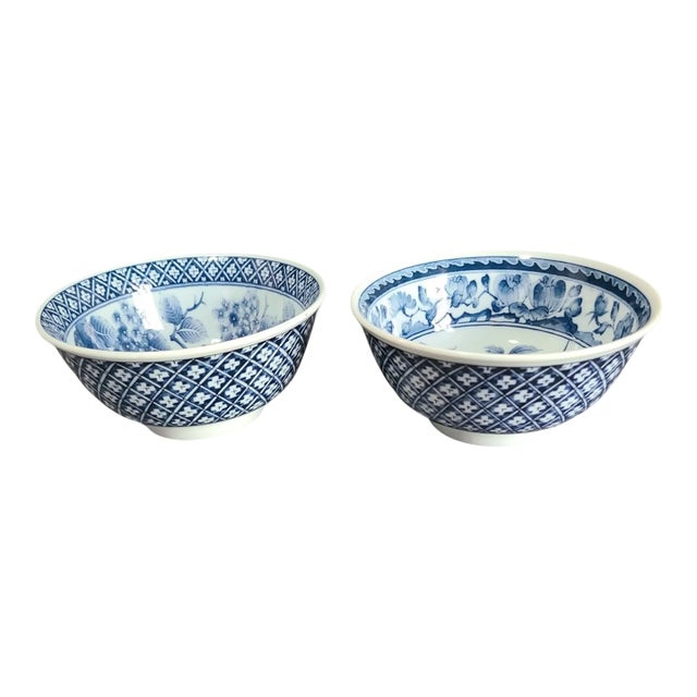 Vintage Pair of Blue & White Porcelain Floral Japanese Asian Serving Rice Bowls, Marked For Sale