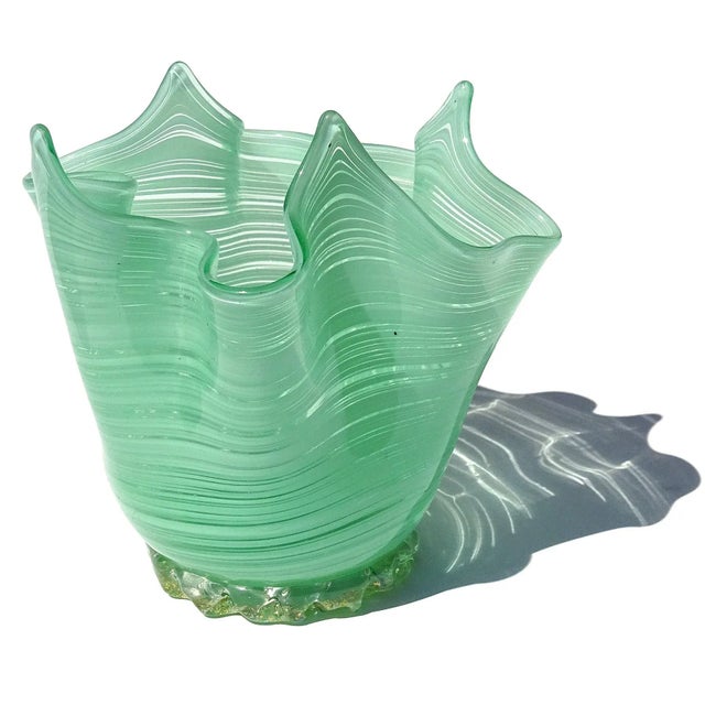 Beautiful vintage Murano hand blown light jade or celadon green threads Italian art glass fazzoletto / handkerchief vase...