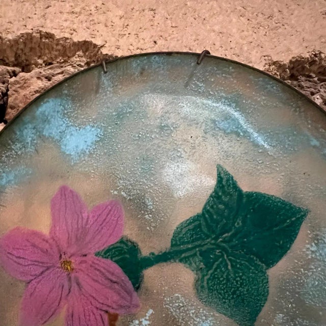 AMBIANIC presents 1960s Modernist Flower Copper Enamel Plate Powder Blue and Pink Artist signed with initial backside. 8...