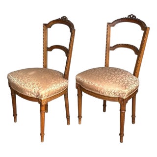 Pair Antique Hand Carved French Side Chairs With Fortuny Style Upholstered Seats For Sale