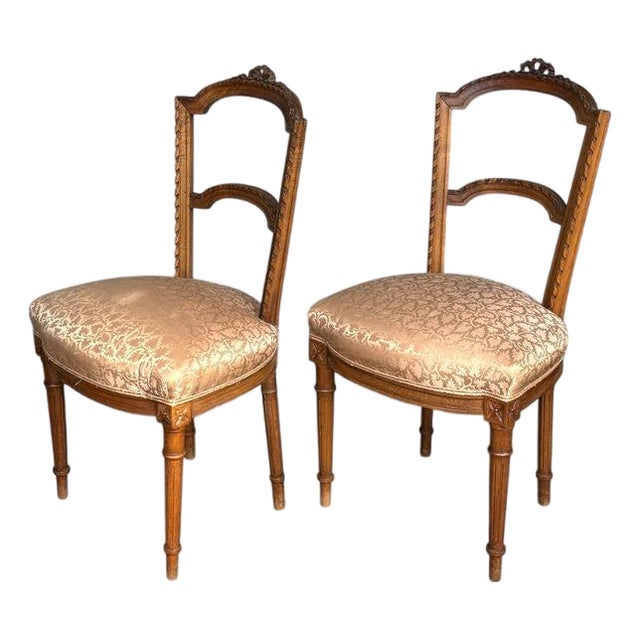 Pair Antique Hand Carved French Side Chairs With Fortuny Style Upholstered Seats For Sale