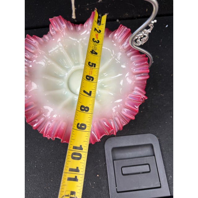 Glass Cranberry Pink Silvercrest Ruffled Uranium Glass Antique Brides Basket For Sale - Image 7 of 9