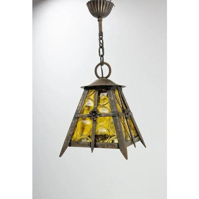 Vintage French Lustre Colored Glass and Iron Hanging Light, 1960 For Sale - Image 3 of 7