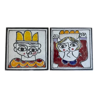 DeSimone Italy Mid-Century Modern Ceramic Tiles – Hand-Painted Abstract Faces (Set of 2) For Sale