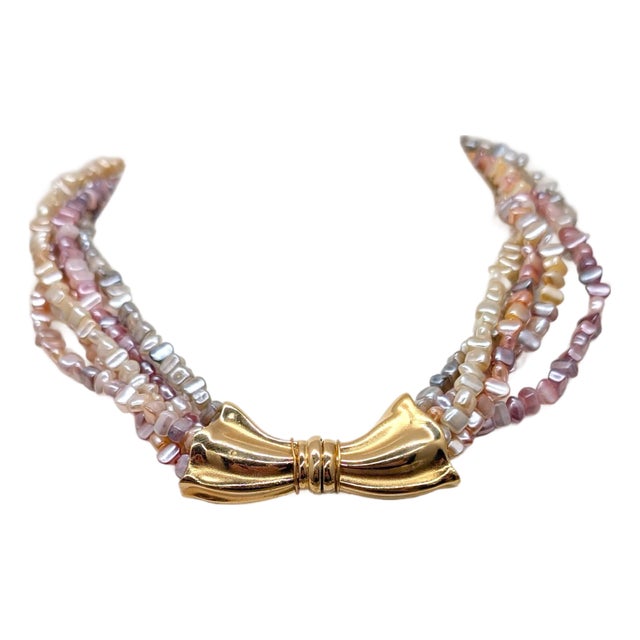 Vintage 1981 Napier Goldtone Faux-Mother of Pearl Beaded Bow Necklace For Sale